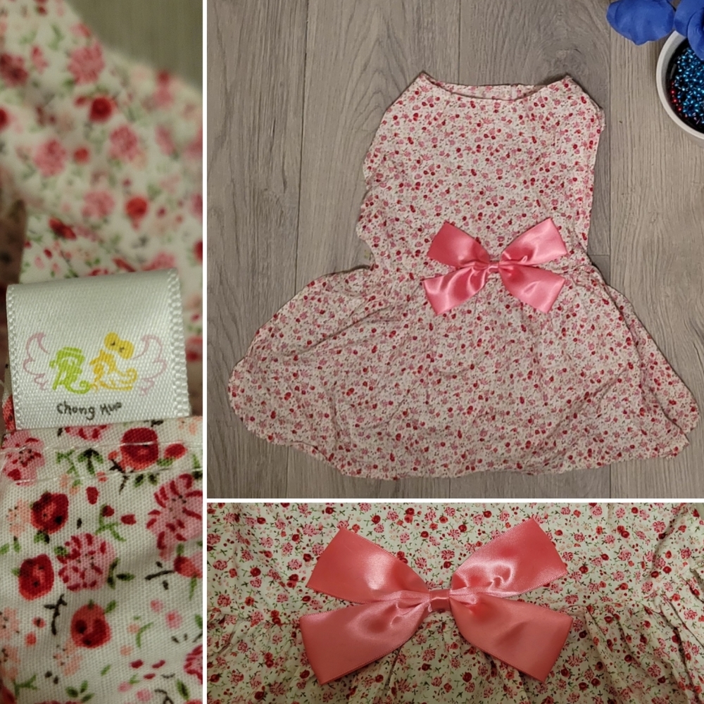 Chong Huo, dog dress floral pink and white, bow and velcro closure